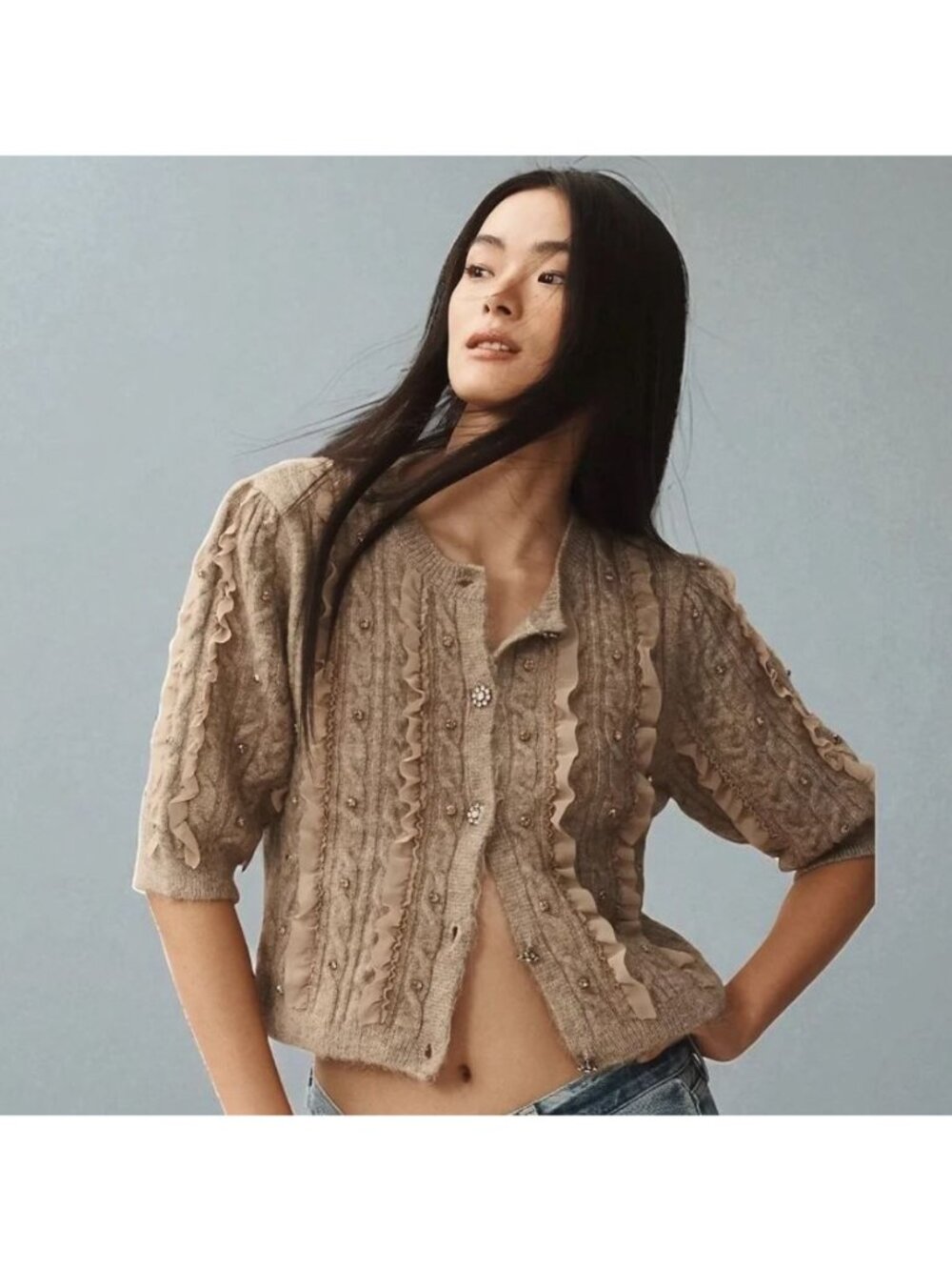 Maeve Anthropologie Womens Crop Cardigan M Beige Ruffle Embellished Short Sleeve